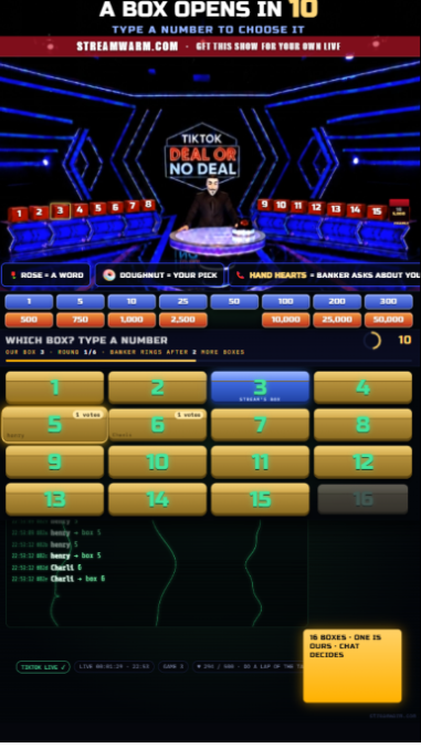 Deal or No Deal on TikTok LIVE: the masked host at the podium, the box board, and the headline strip telling chat what to type
