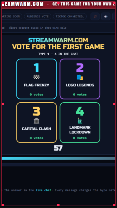 Guess Rush vote screen: Flag Frenzy, Logo Legends, Capital Clash and Landmark Lockdown, chat types 1–4 to pick the first game