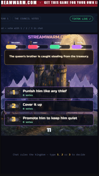 Mob Rule: treasury, army, people and faith bars above the castle, a council dilemma, and three options chat votes on by typing 1, 2 or 3