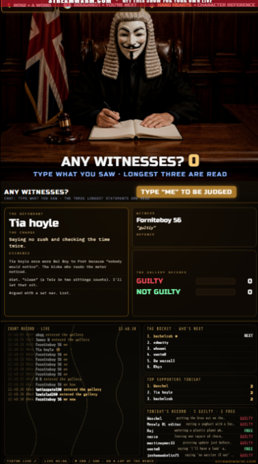 The Verdict running on TikTok LIVE: the masked judge at the bench with a viewer in the dock and the GUILTY / NOT GUILTY vote strip